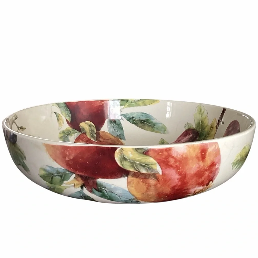 Pier 1 Fruit Motif Large White Serving Bowl Green, Yellow, Red, Purple Accents
